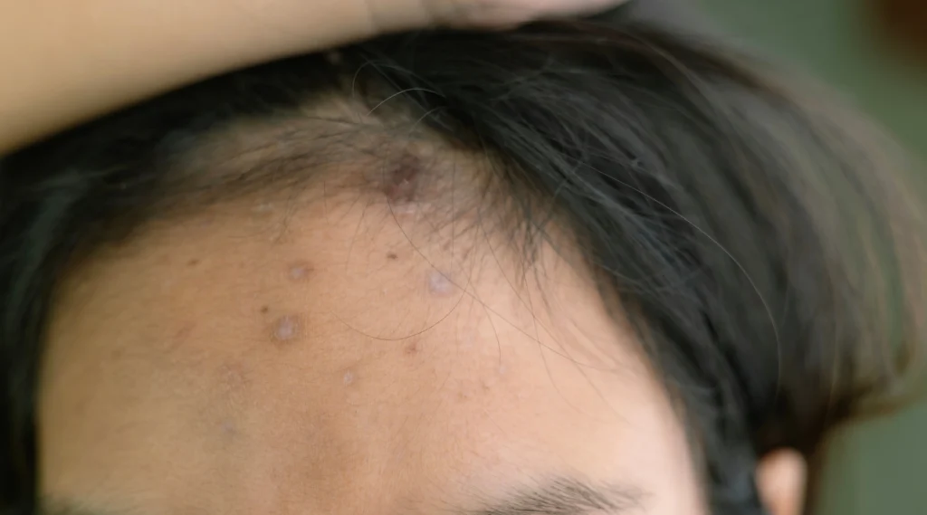 A woman with a black head has a few blemishes on head