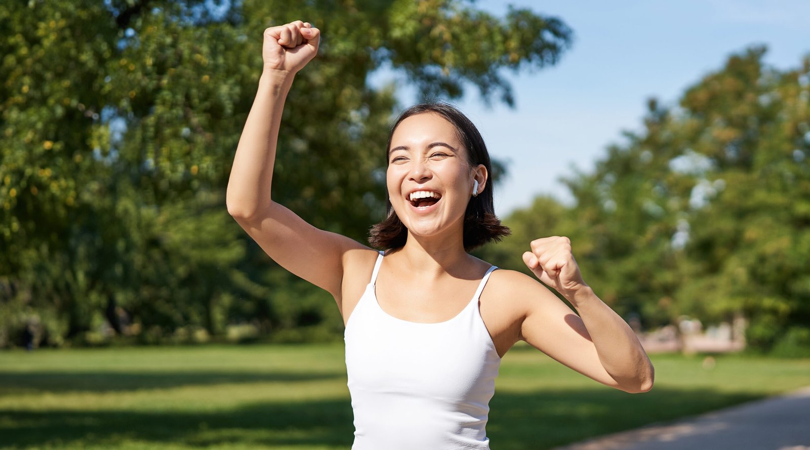 Happy fitness girl achieve goal finish.