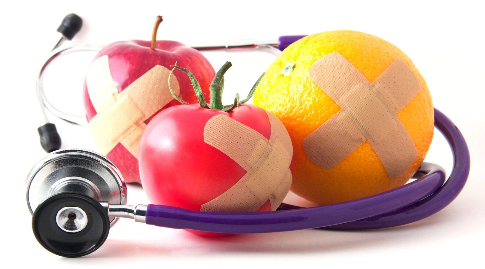 Bandaged apple tomato orange stethoscope promote
