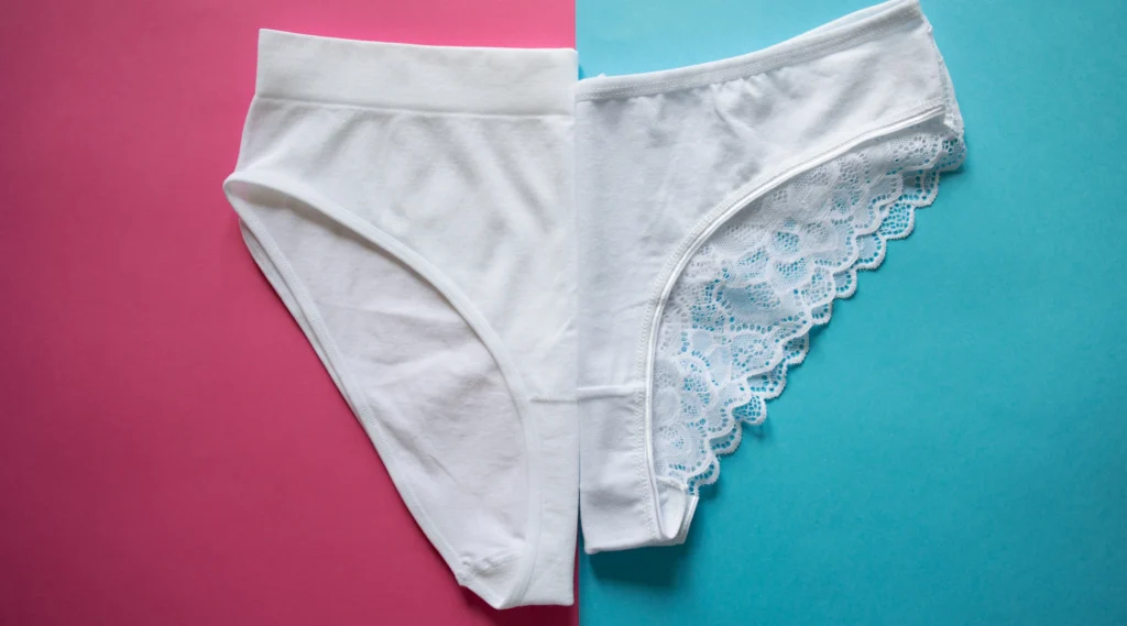 Perbandingan pakaian dalam wanita berbahan katun dan renda sintetis di atas latar belakang dua warna, menggambarkan pentingnya memilih bahan yang tepat untuk kesehatan area intim.