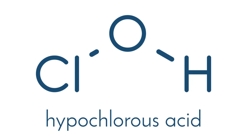 Ilustrasi struktur hypochlorous acid (HOCl), bahan antiseptik lembut yang aman digunakan untuk membantu perawatan luka bakar ringan.